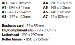 Paper sizes for print