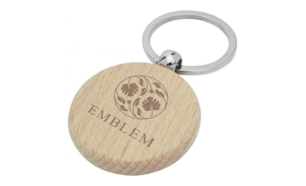 Beech wood round keychain branded