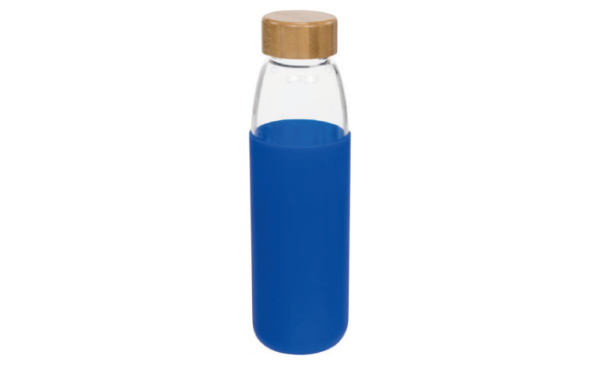 Glass sport bottle 540ml with wood lid (Blue)