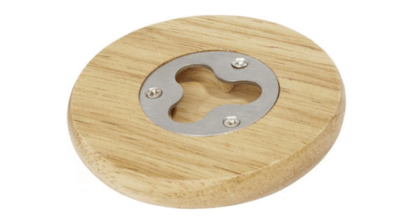 Wooden coaster with bottle opener back