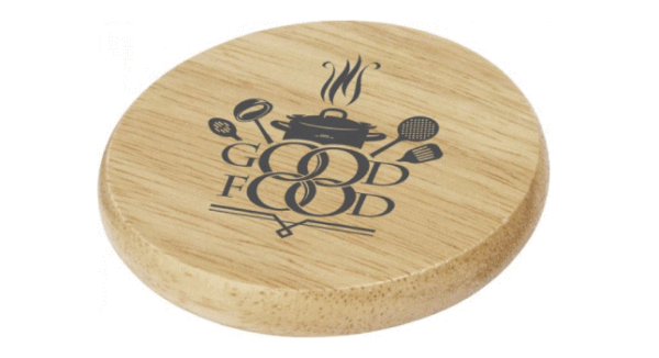 Wooden coaster and bottle opener logo